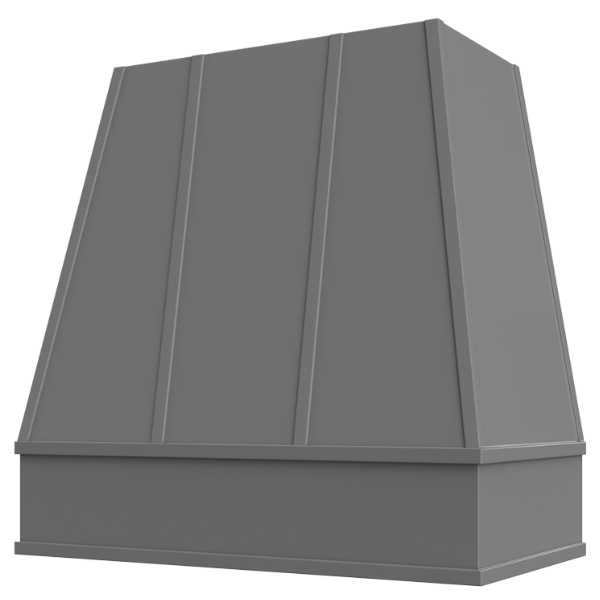 Grey Wood Range Hood With Tapered Strapped Front and Block Trim – 30″, 36″, 42″, 48″, 54″ and 60″ Widths Available