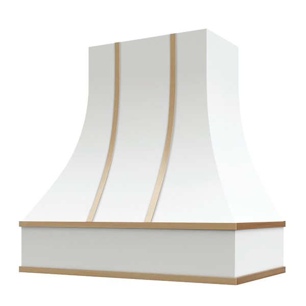 White Range Hood With Curved Front and Brass Strapping – 30″, 36″, 42″, 48″, 54″ and 60″ Widths Available