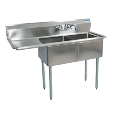 BK Resources BKREBKS-2-1620-12-18L – 2 Compartment Sink w/Left Drainboard & Back Splash