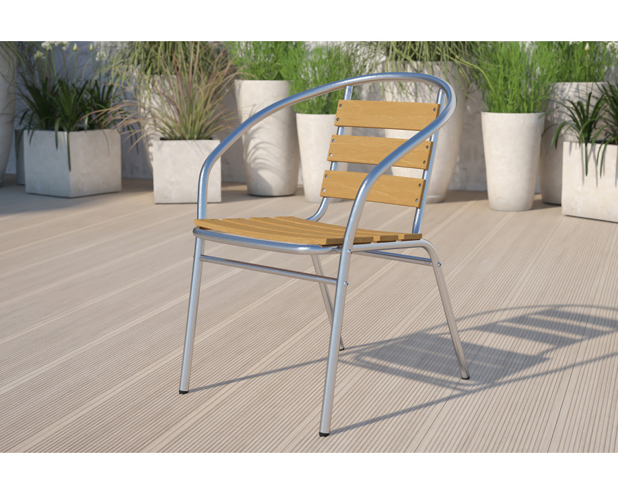 BLNK – Lila Commercial Aluminum Indoor-Outdoor Restaurant Stack Chair with Triple Slat Faux Teak Back