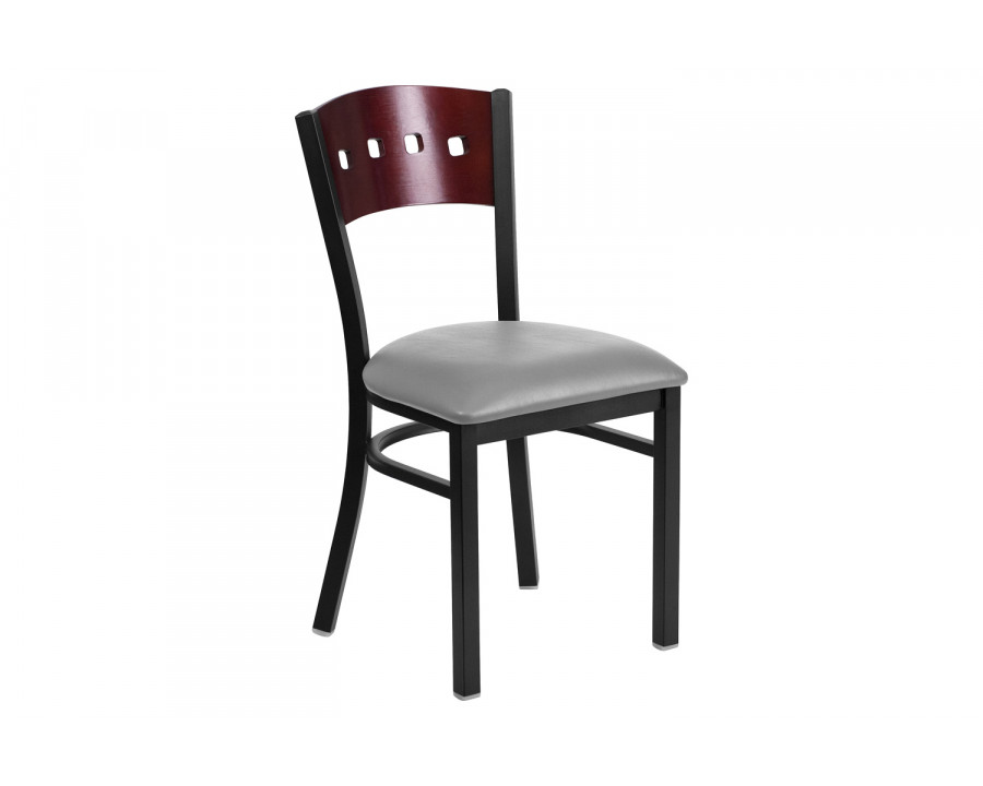 BLNK – HERCULES Series Black Metal 4 Square Back Restaurant Chair with Mahogany Wood Back and Custom Upholstered Seat