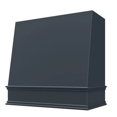 Navy Blue Wood Range Hood With Angled Front and Decorative Trim – 30″, 36″, 42″, 48″, 54″ and 60″ Widths Available