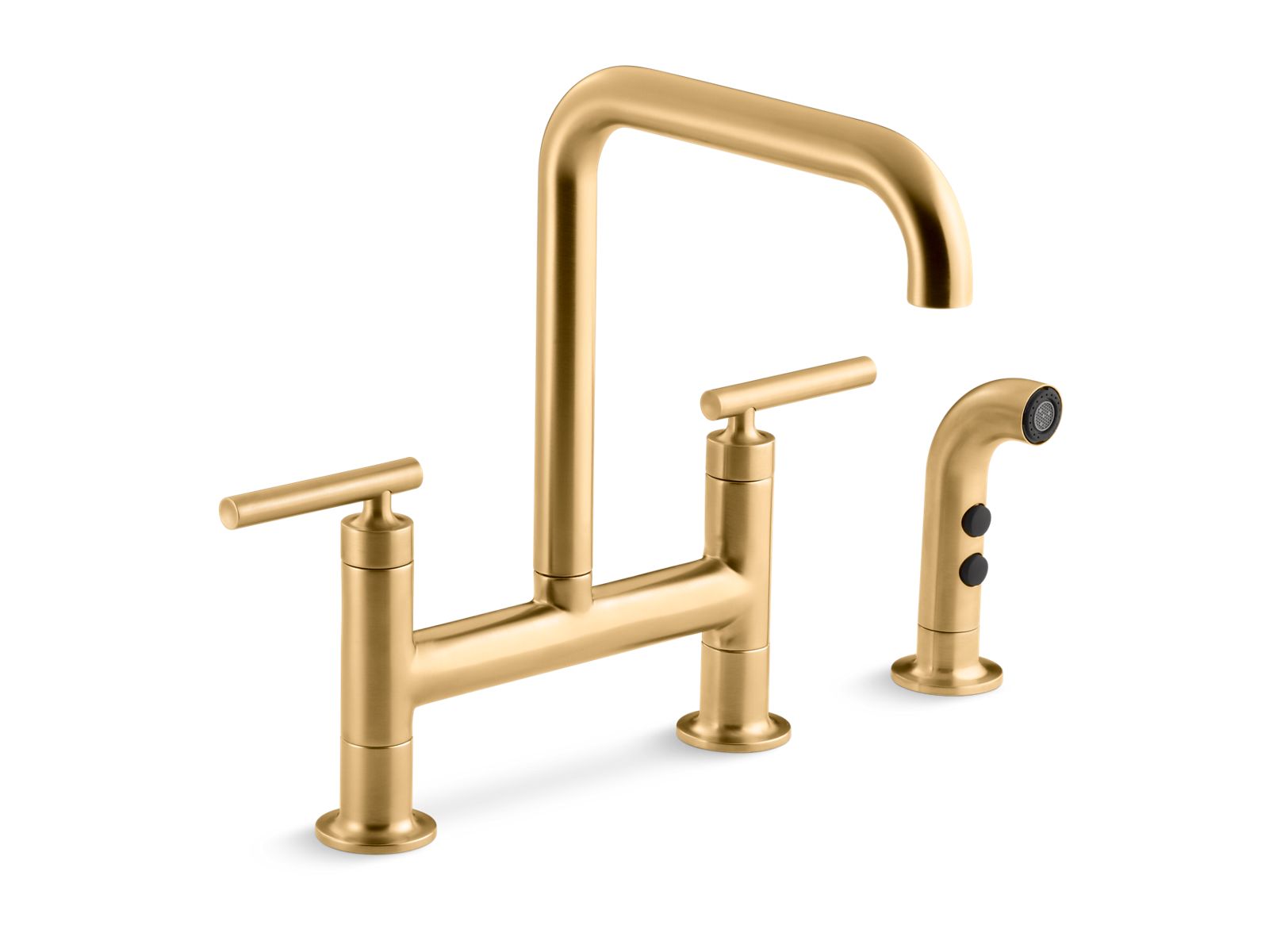 KOHLER K-7548-4-2MB Purist Two-Hole Bridge Kitchen Sink Faucet With Side Sprayer In Vibrant Brushed Moderne Brass